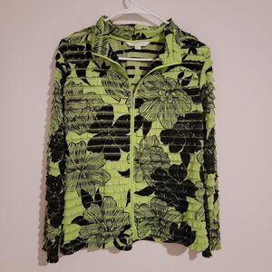 Erin London Womens Ruffle Full Zip Sweatshirt Size Large Lime Green Black Floral